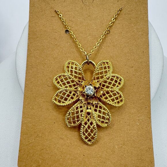 Vintage Gold Tone Waffle Weave Flower Rhinestone Pendant Necklace Unique Spring - Picture 2 of 9